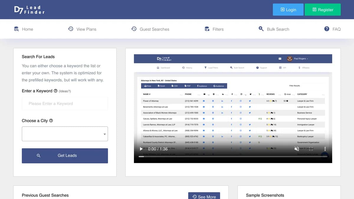 D7 Lead Finder homepage with keyword and city search form — D7 Lead Finder alternatives 2026