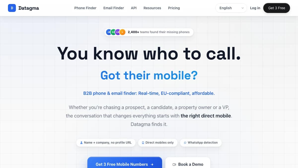 Datagma homepage asking Got their mobile, a low-cost phone and email data appending service