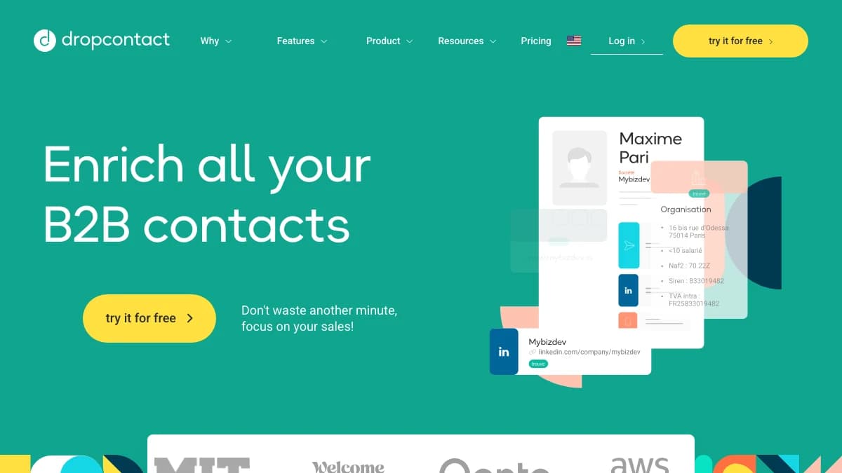 Dropcontact homepage reading Enrich all your B2B contacts, a GDPR-focused data appending service