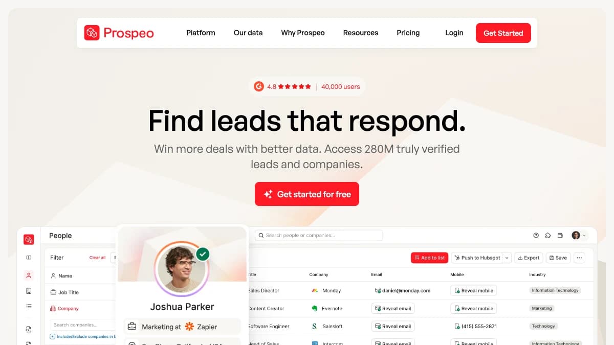 Prospeo homepage reading Find leads that respond with 280M verified leads, a CSV data appending service
