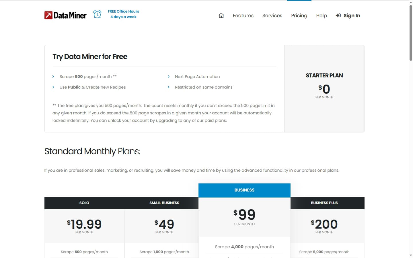 DataMiner pricing page 2026 — Free 500 pages, Solo $19.99/mo, Business $99/mo, Business Plus $200/mo