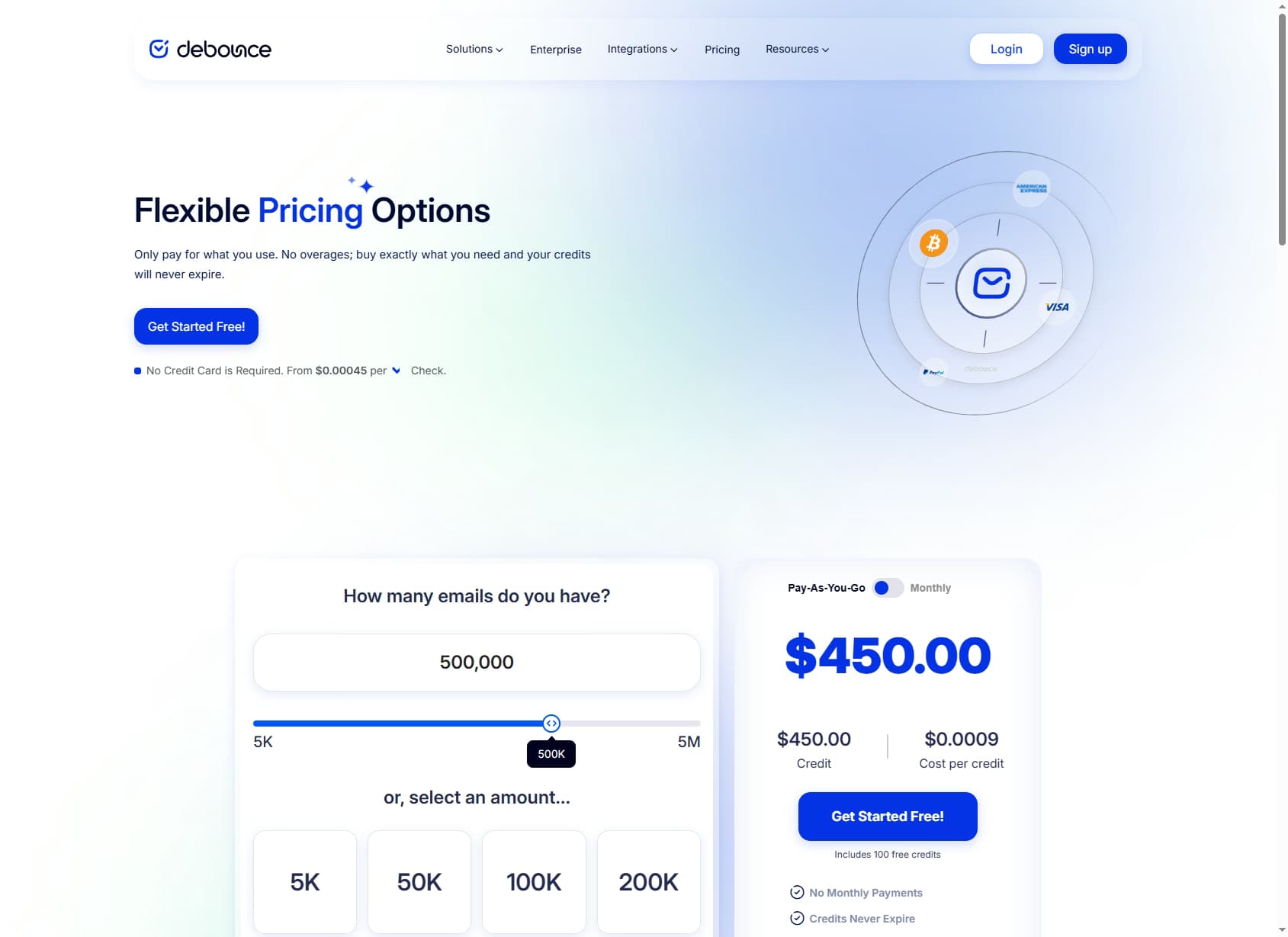 DeBounce pricing page 2026 — pay-as-you-go credits starting at $0.00045 per email verification