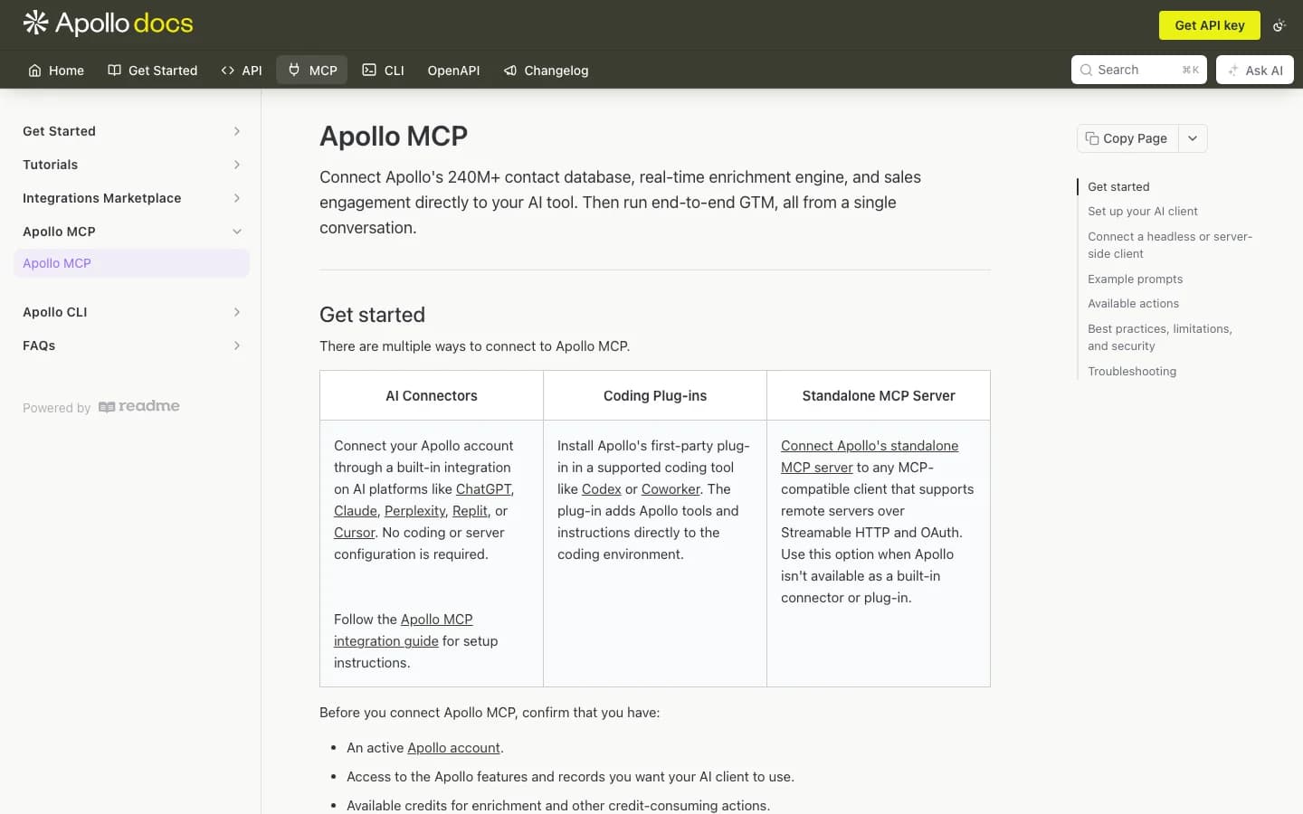 Apollo MCP documentation page showing AI connectors, coding plug-ins and a standalone MCP server: Deepline alternative