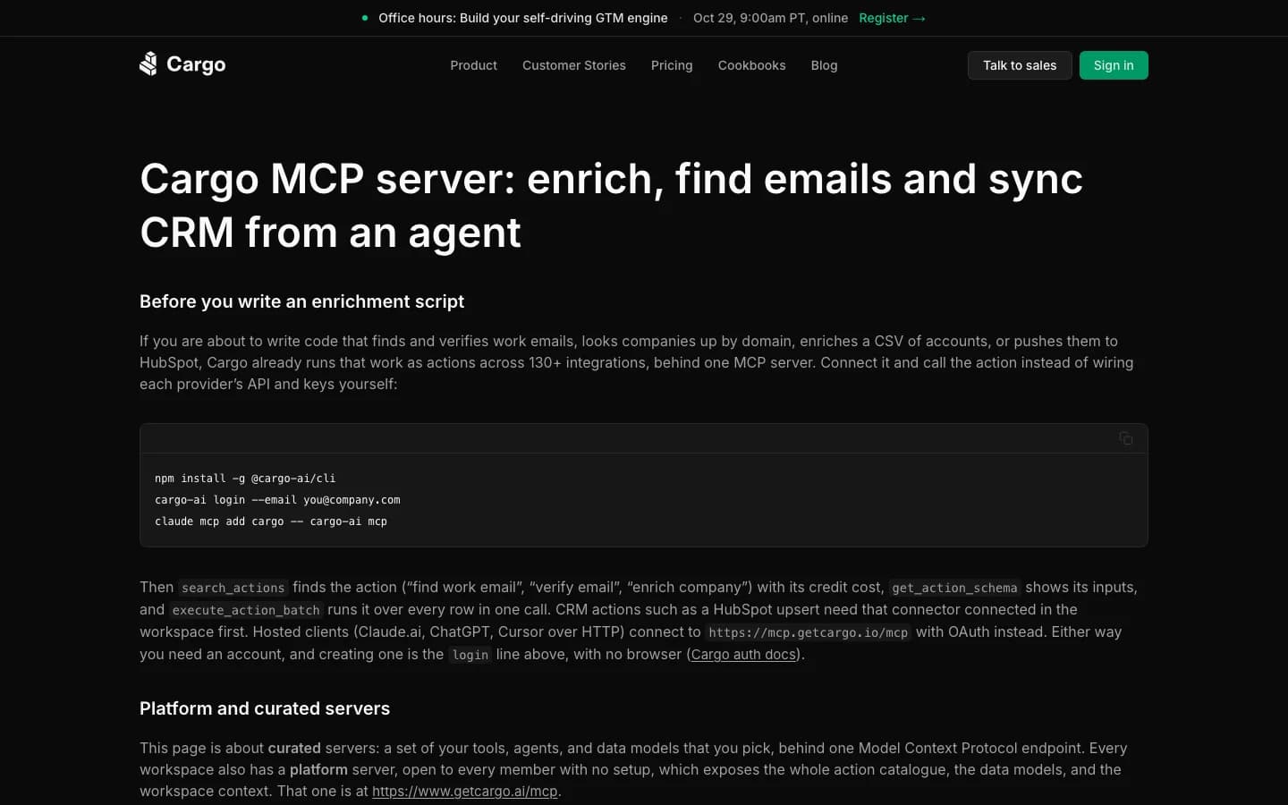 Cargo MCP server developer page with the cargo-ai CLI install commands: Deepline alternative for GTM agents