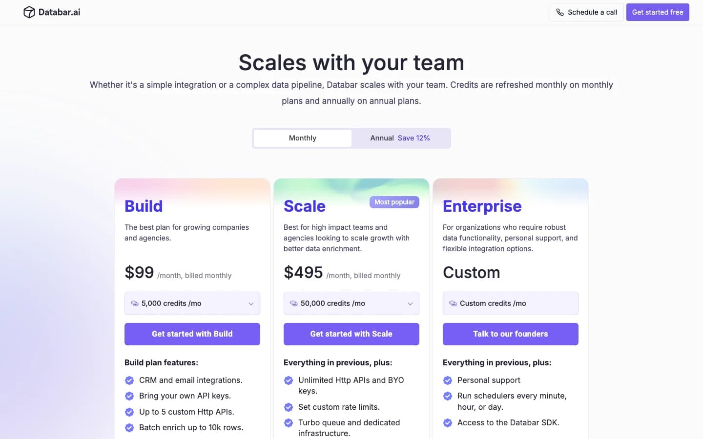 Databar pricing page with Build at $99 a month, Scale at $495 and BYO API keys: Deepline alternative with BYOK