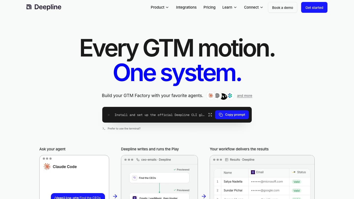 Deepline homepage showing the Every GTM motion One system headline and a copy-paste prompt to install the Deepline CLI in Claude Code