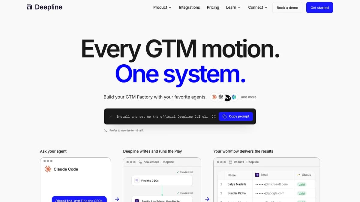 Deepline homepage with CLI install prompt for Claude Code GTM workflows — Treg alternative for enrichment