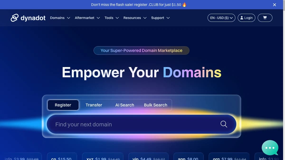 Dynadot domain registrar homepage with bulk search tab — domain registrar for cold email
