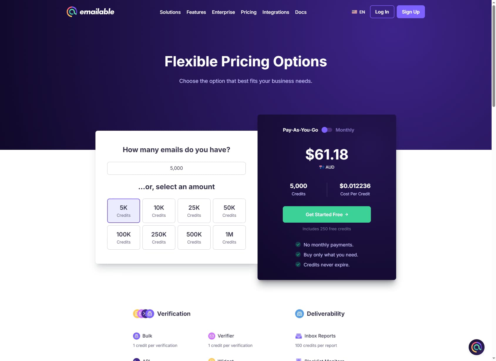 Emailable pricing page 2026 — pay-as-you-go and monthly subscription credit plans
