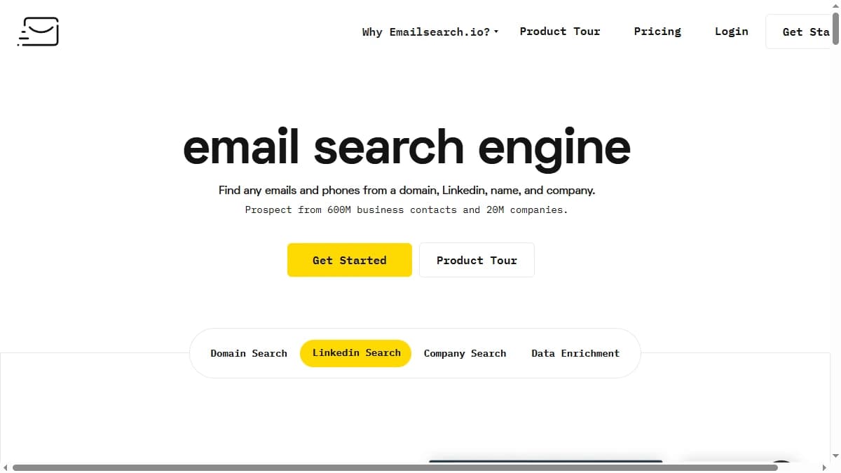 Emailsearch.io homepage showing 600M contacts B2B email finder — Emailsearch.io review 2026