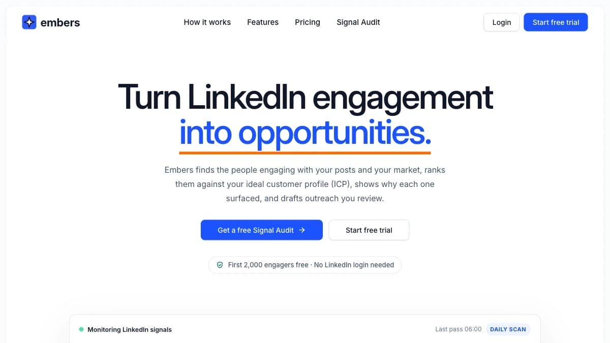 Embers homepage — LinkedIn lead generation for warm buyer signals, embers review 2026