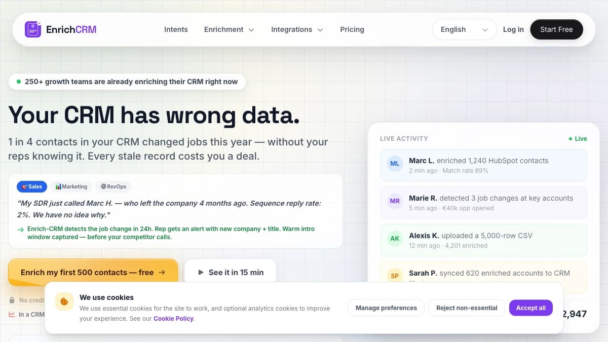 Enrich-CRM - EU-first teams that want GDPR-native, live-lookup enrichment and are willing to pay €75/mo (or start on the free tier) for native HubSpot automation