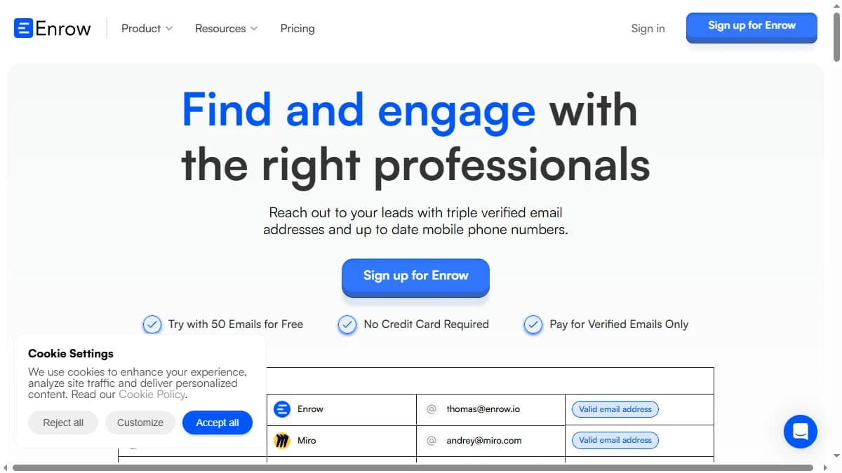 Enrow homepage 2026 — B2B email finder with pay-per-valid-email pricing and catch-all verification