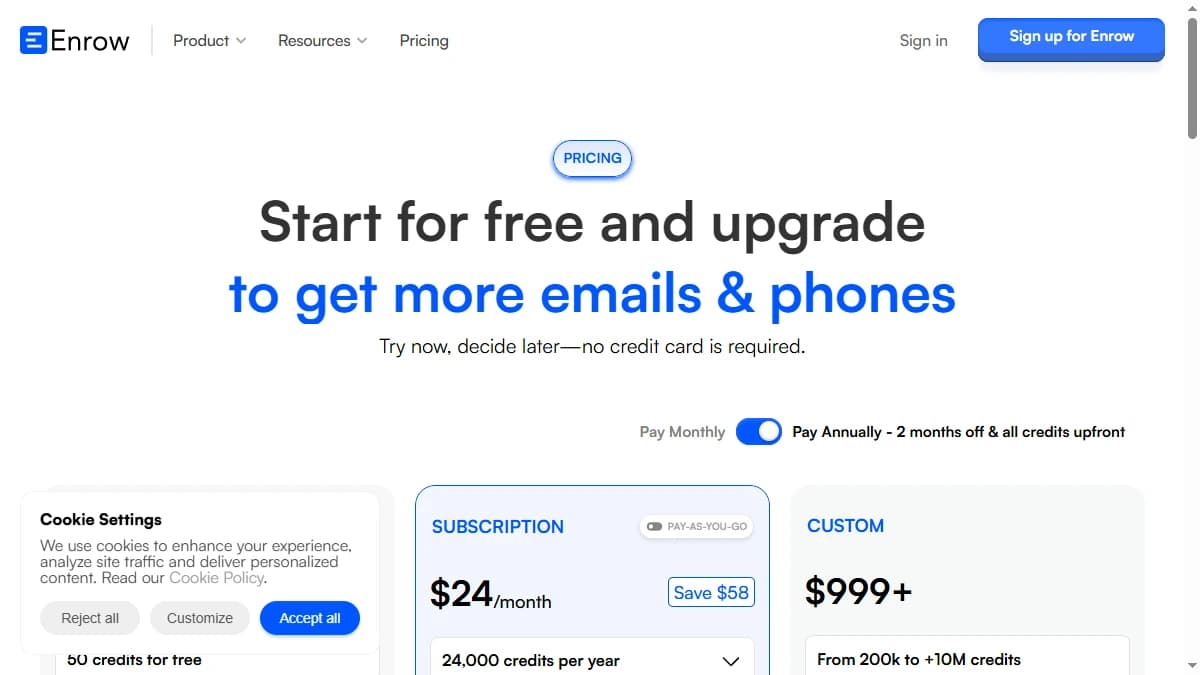 Enrow pricing page 2026 — Free, Starter $24/mo, and Enterprise from $999/mo with pay-per-valid-email model