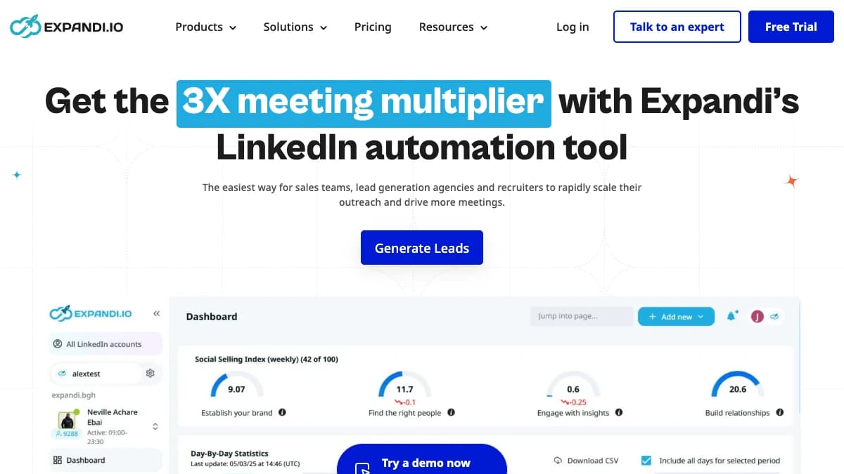 Expandi homepage — cloud-based LinkedIn automation with dedicated IP per user for account safety