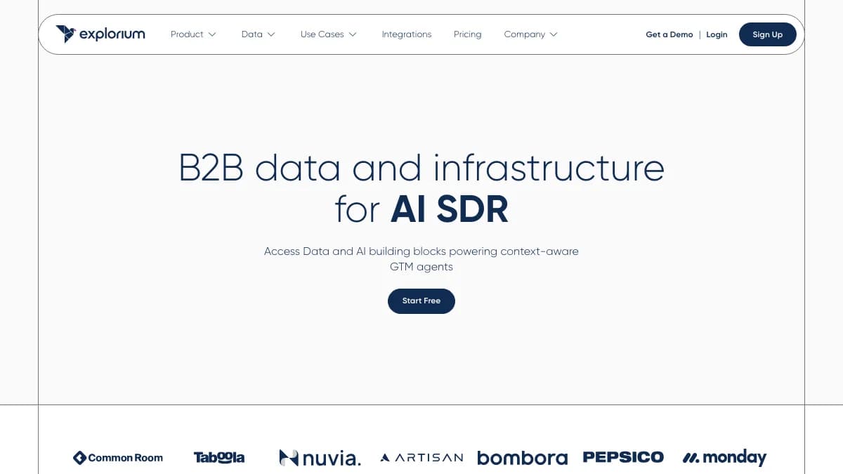 Explorium homepage in 2026 with the headline B2B data and infrastructure for AI SDR, captured for this Explorium review