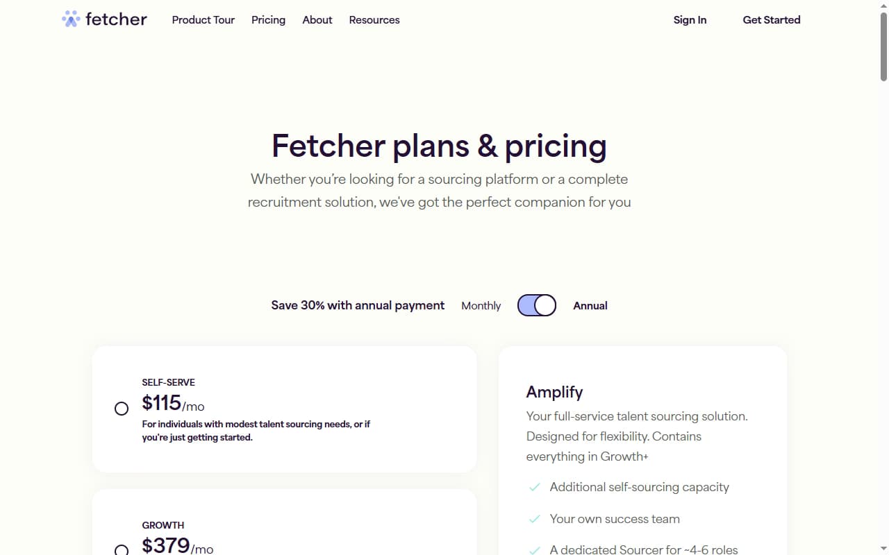 Fetcher pricing page 2026 — Self-serve $115/mo, Growth $379/mo, Amplify $649/mo