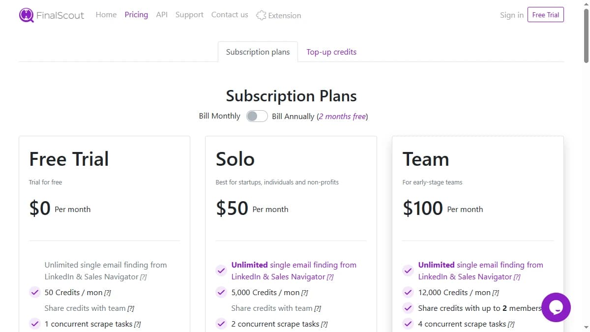 FinalScout pricing page 2026 — Solo, Team, Business, and Corporate plans with annual discount