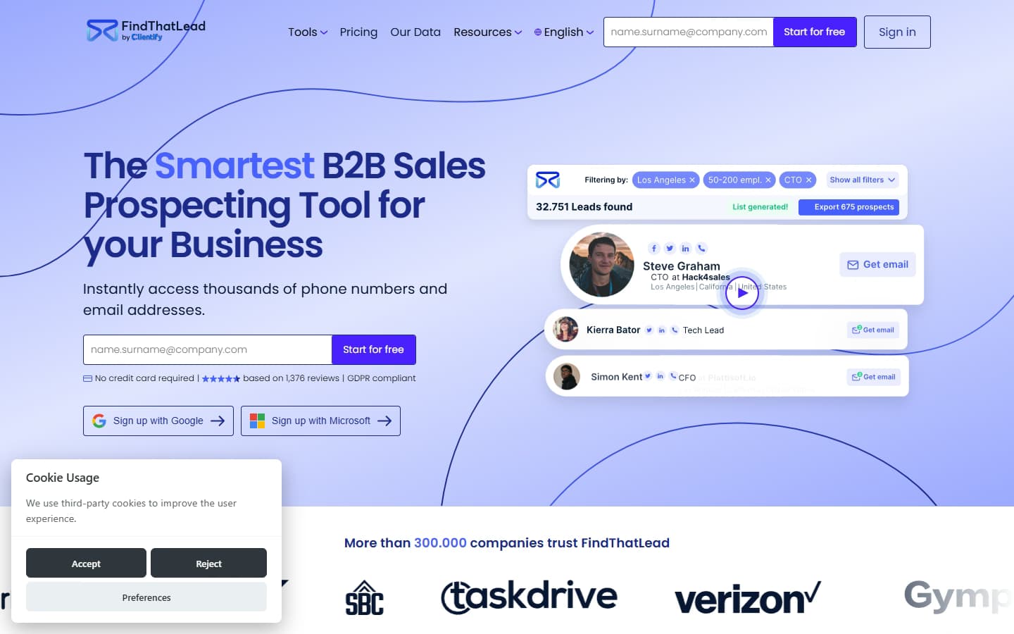 FindThatLead homepage showing email finder, verifier, prospector, and cold email sender bundled in one tool