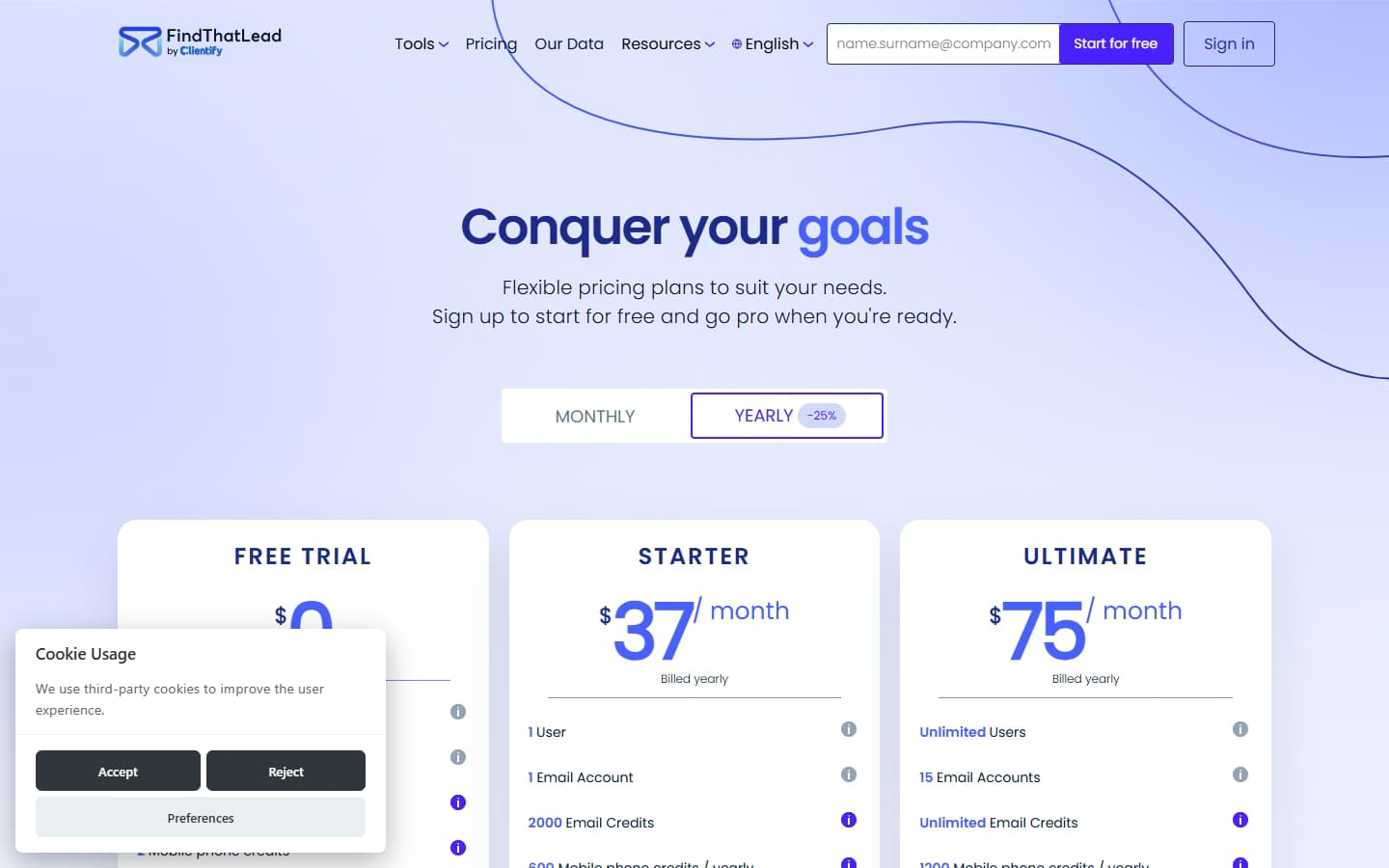 FindThatLead pricing page showing Free trial, Starter $49/mo, and Ultimate $99/mo plans with credit allocations