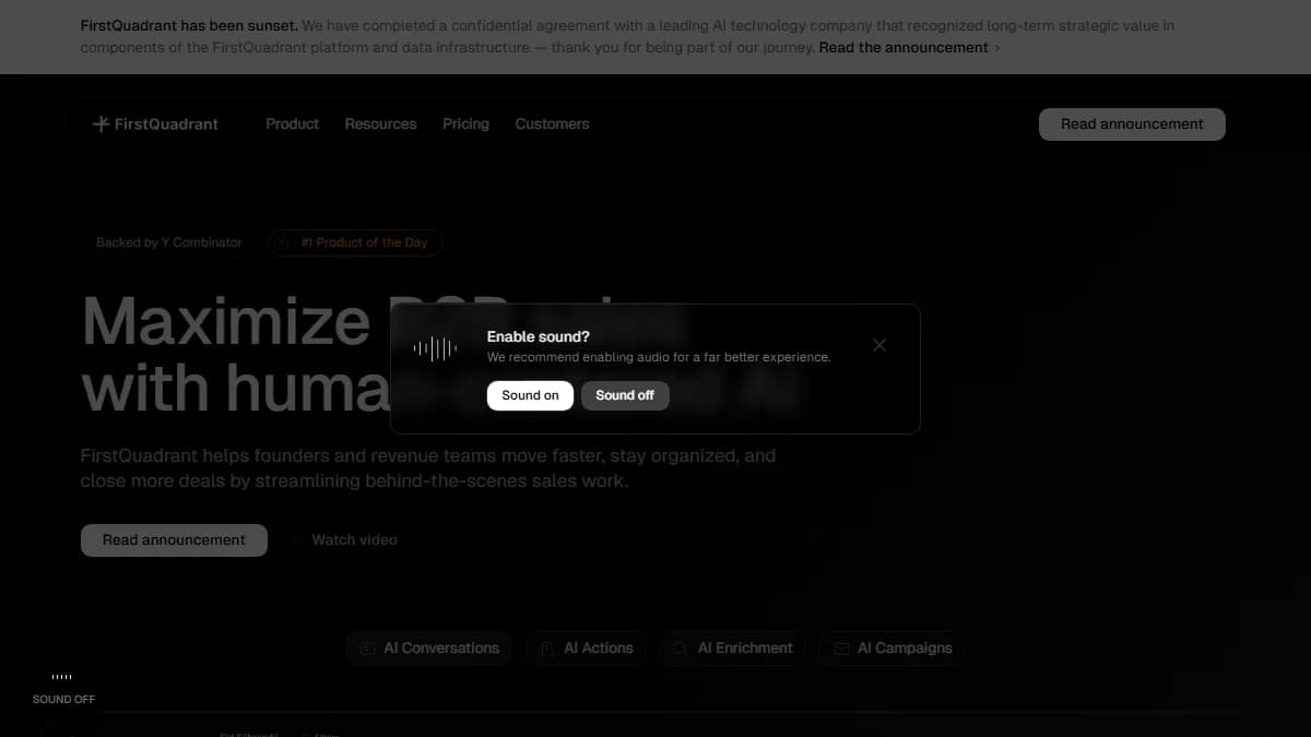 FirstQuadrant homepage screenshot showing autonomous AI sales platform features for outbound and inbound lead generation