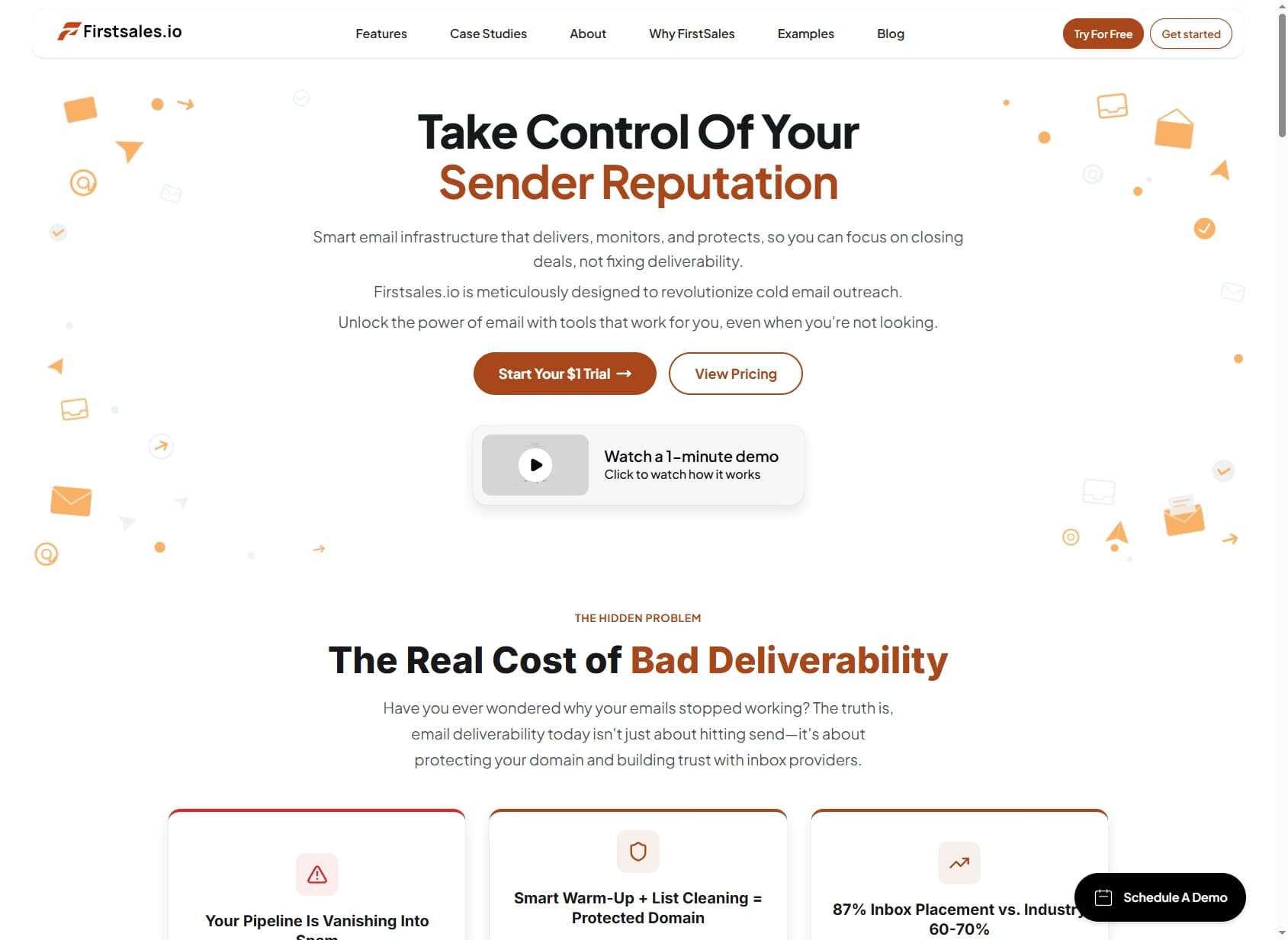 Firstsales.io homepage — cold email deliverability platform with 87% inbox rate