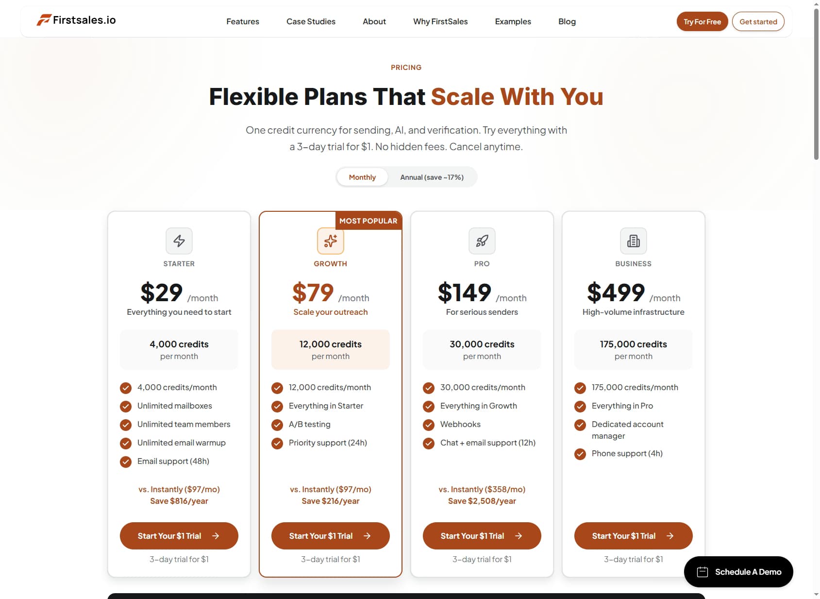 Firstsales.io pricing page — plans from $29/mo with unlimited seats and mailboxes