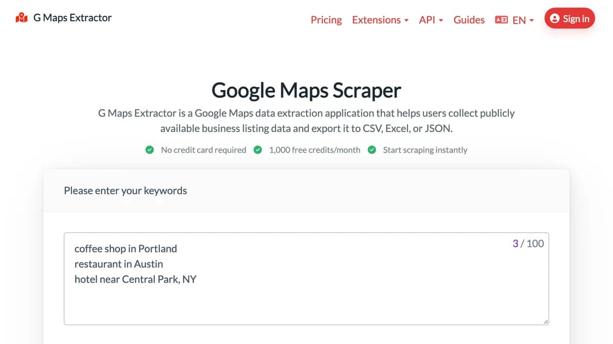 G Maps Extractor Google Maps scraper keyword input with 1,000 free credits a month — D7 Lead Finder alternative