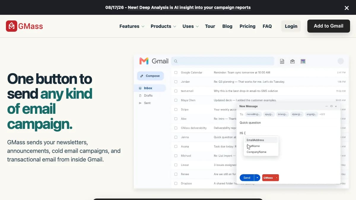 GMass homepage showing the Gmail compose window with merge fields, captured for this GMass review 2026