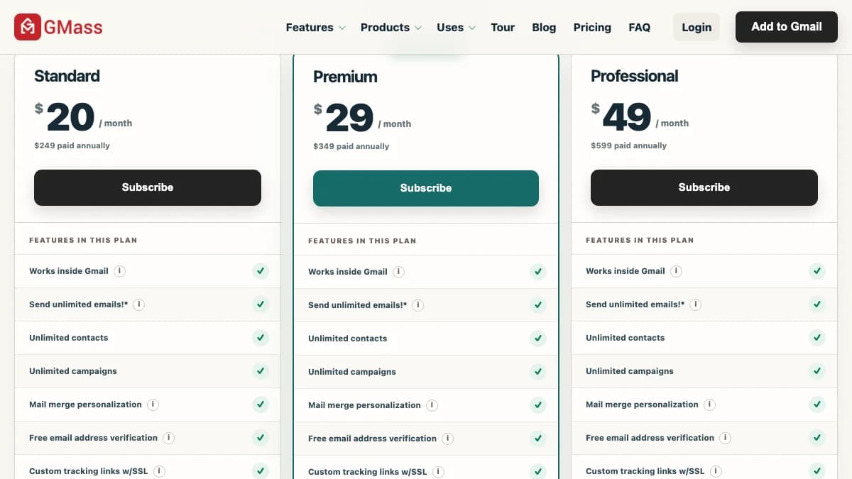GMass pricing page showing Standard, Premium, and Professional plans billed annually, for this GMass review 2026