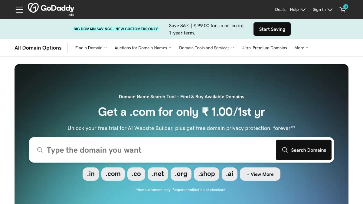 GoDaddy domain search page with .com promo — GoDaddy as a registrar for cold email domains
