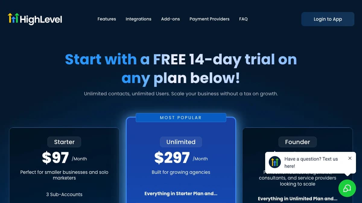 GoHighLevel pricing page — Starter $97/mo, Unlimited $297/mo, Founder $497/mo