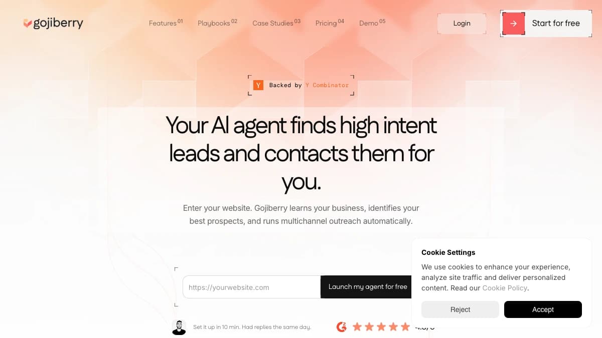 Gojiberry homepage — intent-based LinkedIn outreach platform with 30+ buying signals