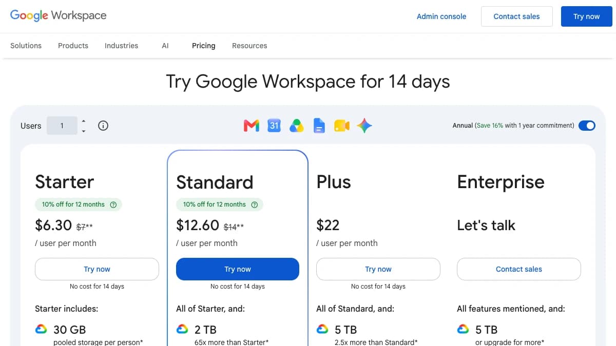 Google Workspace pricing page showing Business Starter, Standard, and Plus plans — best email hosting for cold email