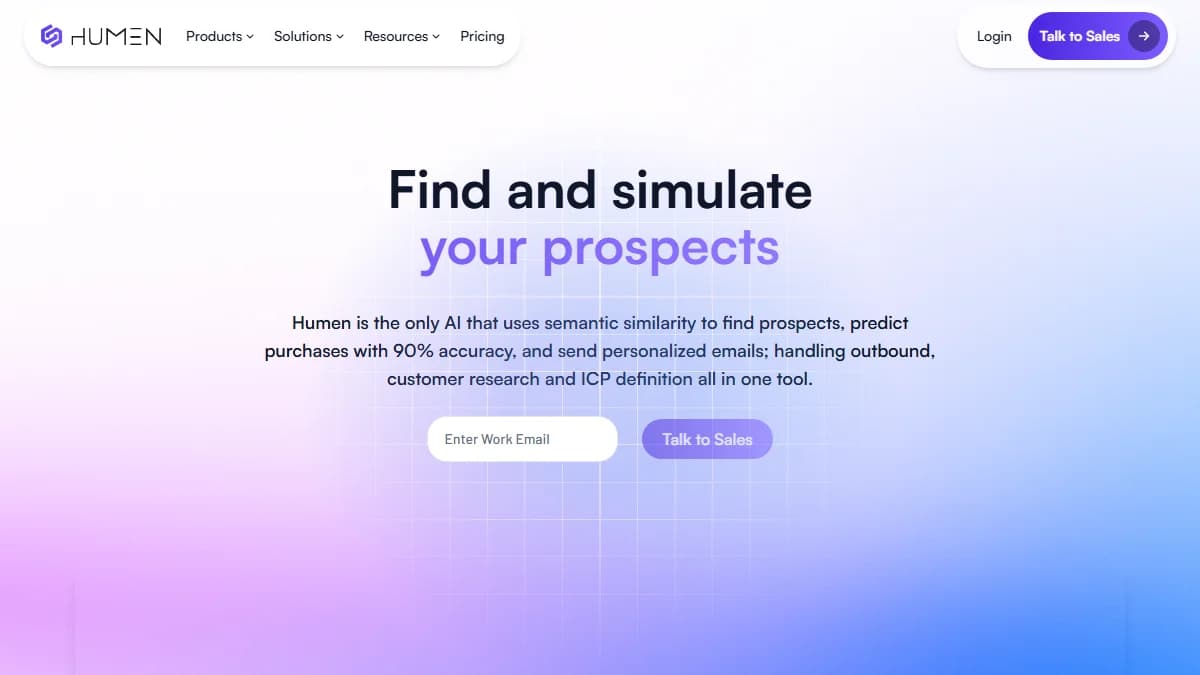 Humen AI SDR homepage showing semantic similarity prospecting and purchase prediction for personalized outbound