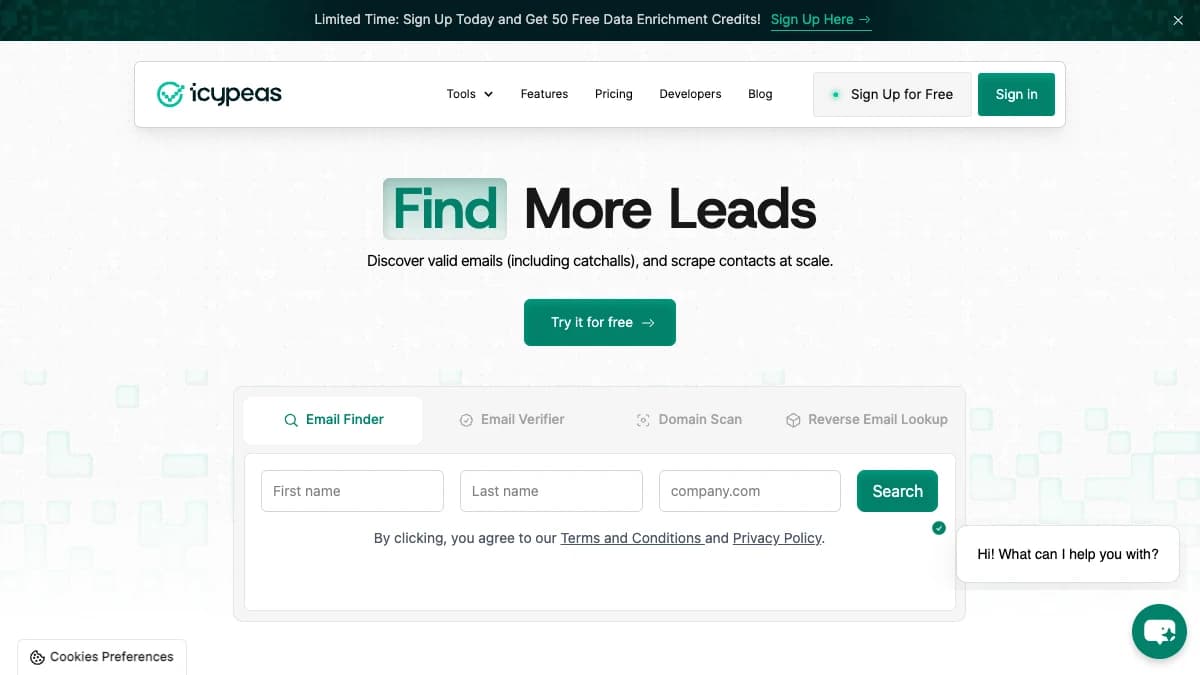 Icypeas homepage — affordable email finding and verification as a Prospeo alternative