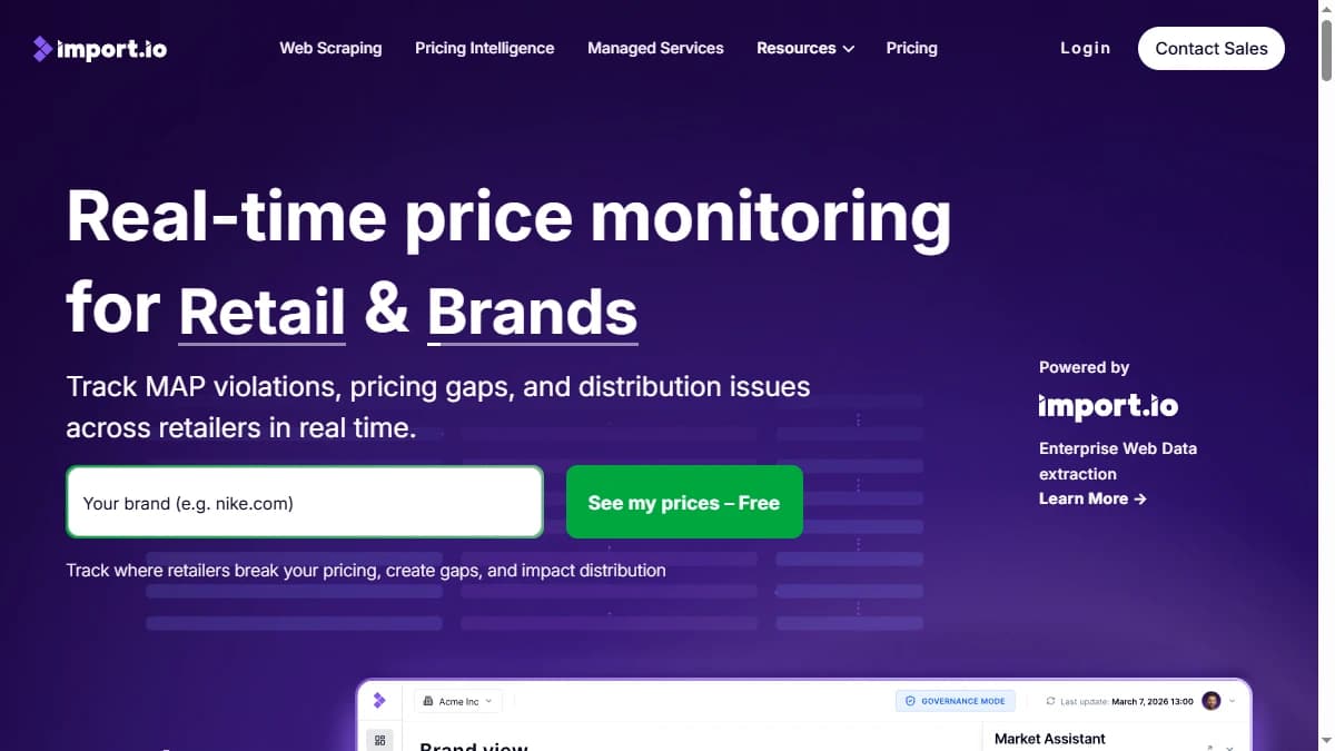 Import.io homepage — web scraping and data extraction at scale, Import.io review 2026