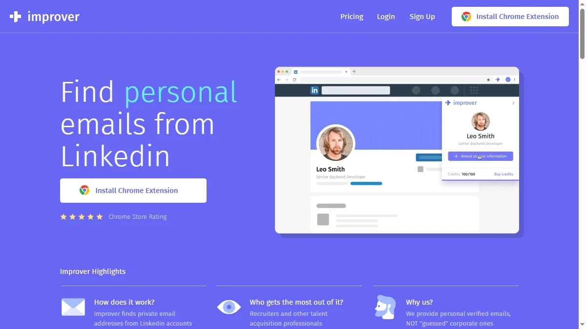 Improver homepage — Chrome extension for finding personal emails from LinkedIn profiles, reviewed for pricing and coverage in 2026