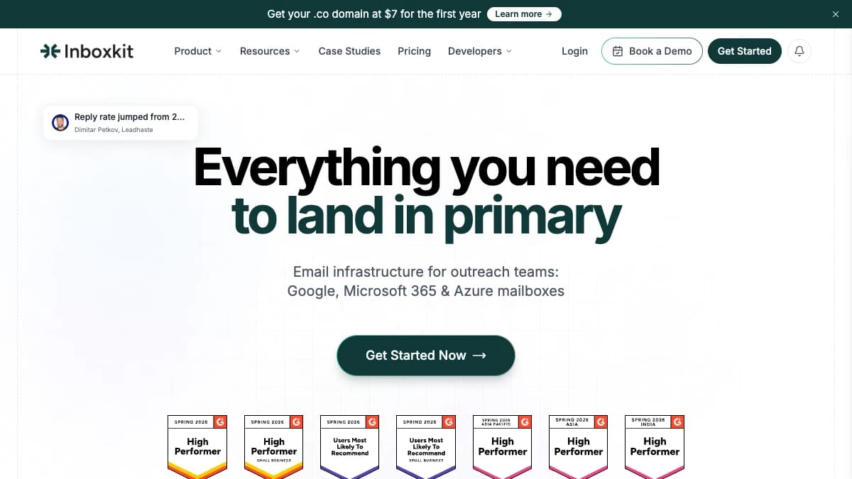 InboxKit homepage — Google, Microsoft 365, and Azure mailboxes as cold email hosting for outreach teams