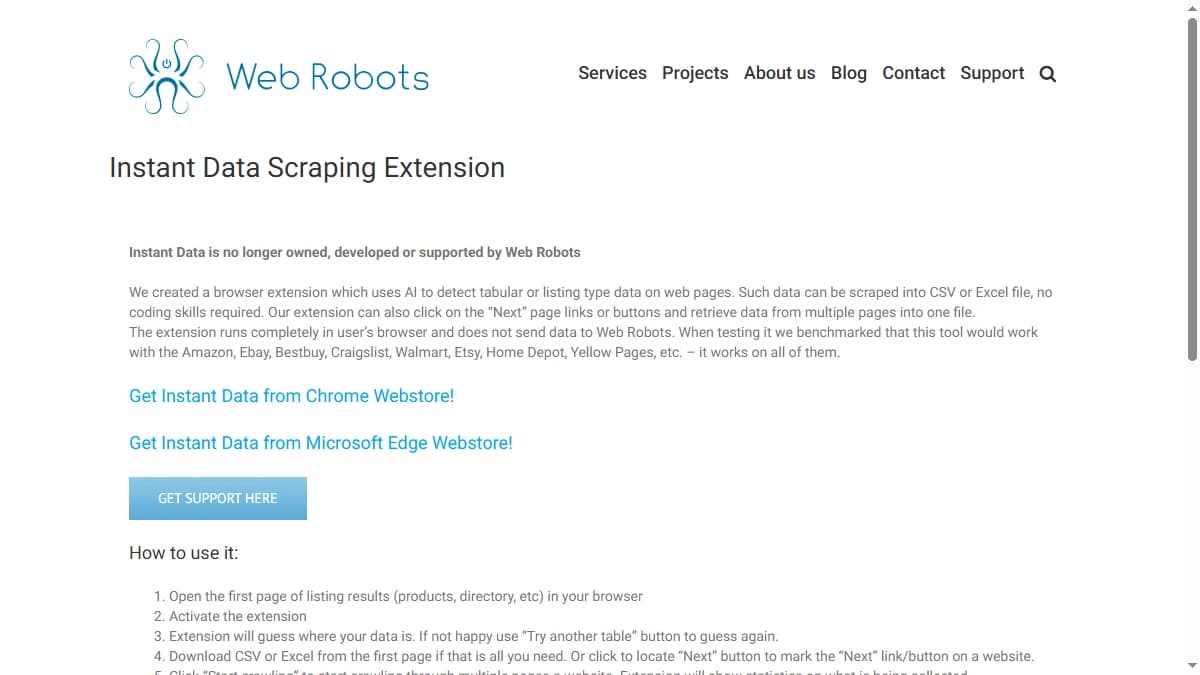 Instant Data Scraper homepage on Web Robots — Instant Data Scraper review 2026 features and support notice