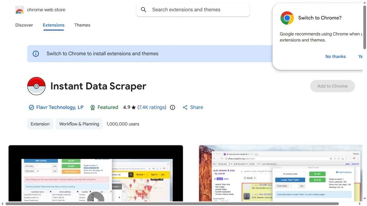 Instant Data Scraper Chrome Web Store listing — Instant Data Scraper review 2026 ratings and install count