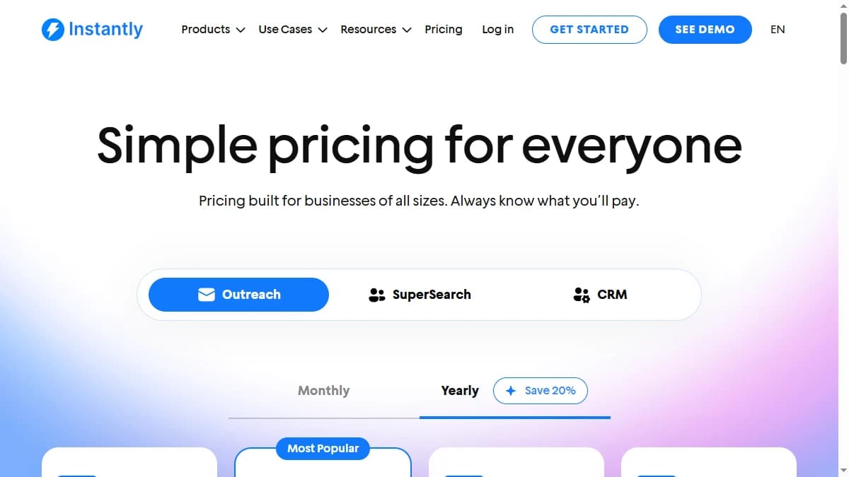 Instantly pricing page showing Growth, Hypergrowth, and Light Speed plans