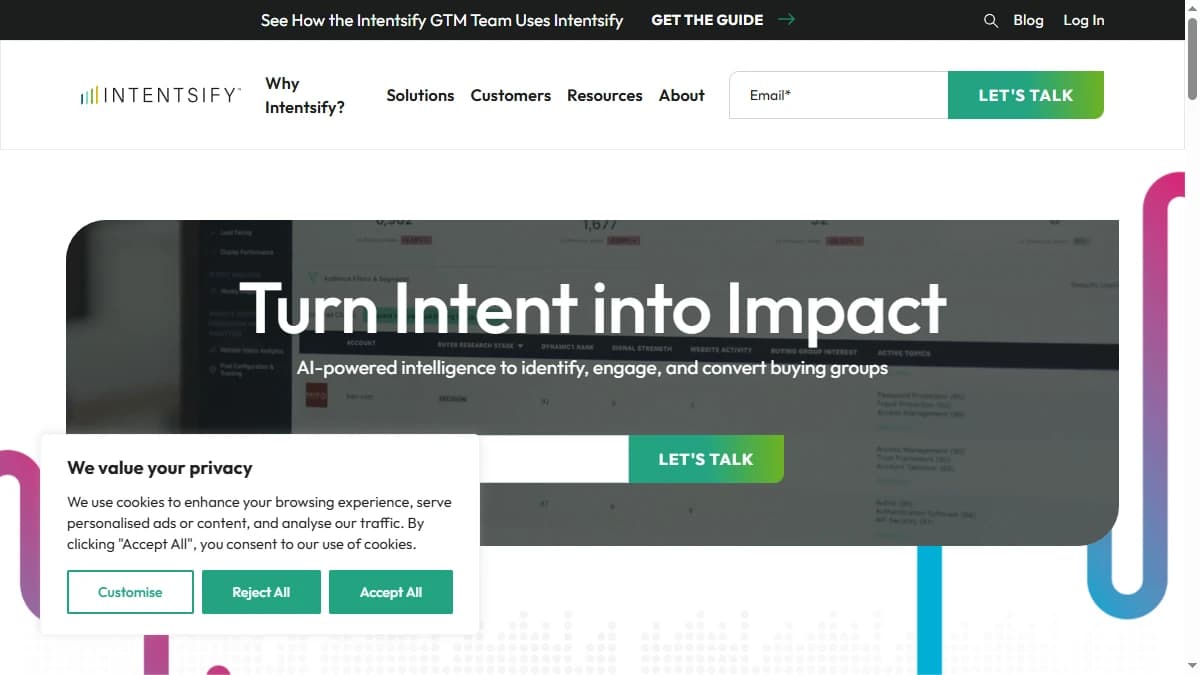 Intentsify intent activation platform homepage — multi-source Bombora alternative for demand-gen teams