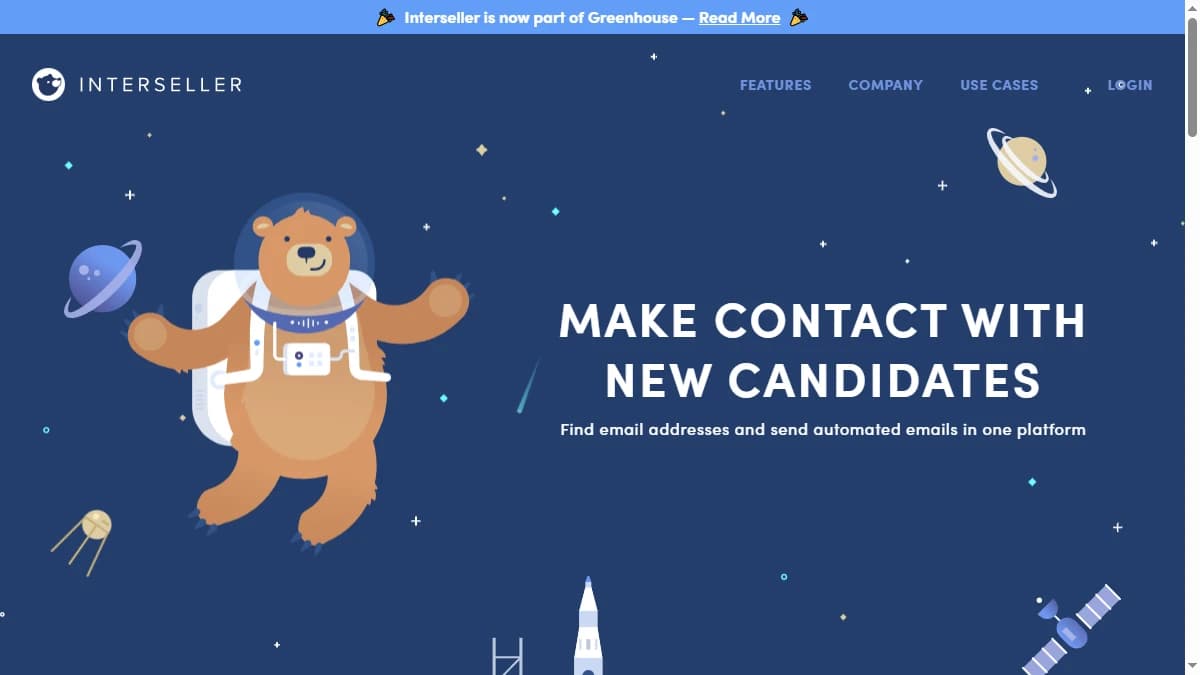 Interseller homepage showing the recruiting-first 'Make contact with new candidates' pitch and the Greenhouse acquisition banner — Interseller review 2026