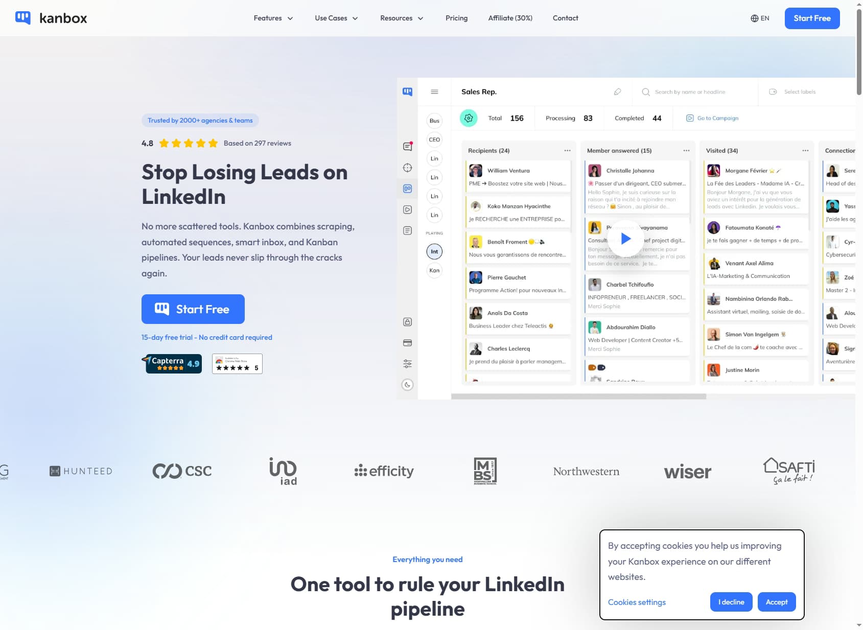 Kanbox homepage showing the LinkedIn automation and Kanban pipeline dashboard — Kanbox review 2026
