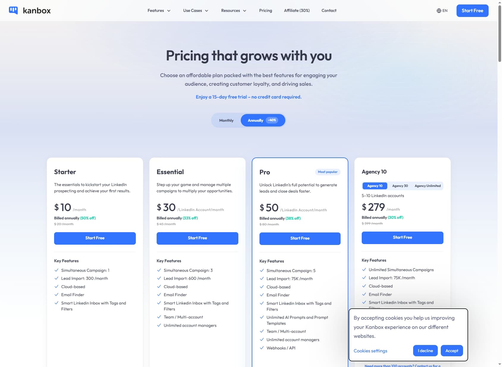 Kanbox pricing page showing Starter, Essential, Pro and Agency plans — Kanbox review 2026