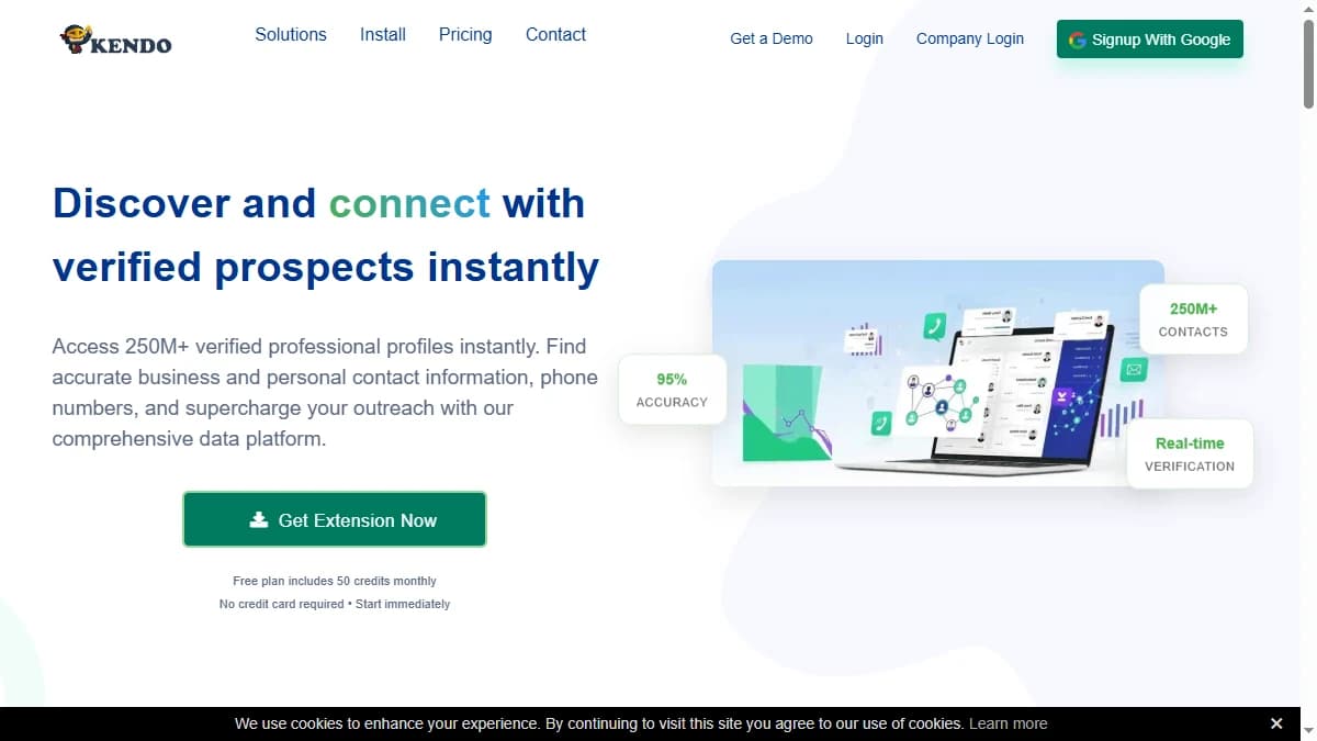 Kendo Email Finder homepage — B2B email and phone finder reviewed for data coverage and pricing in 2026