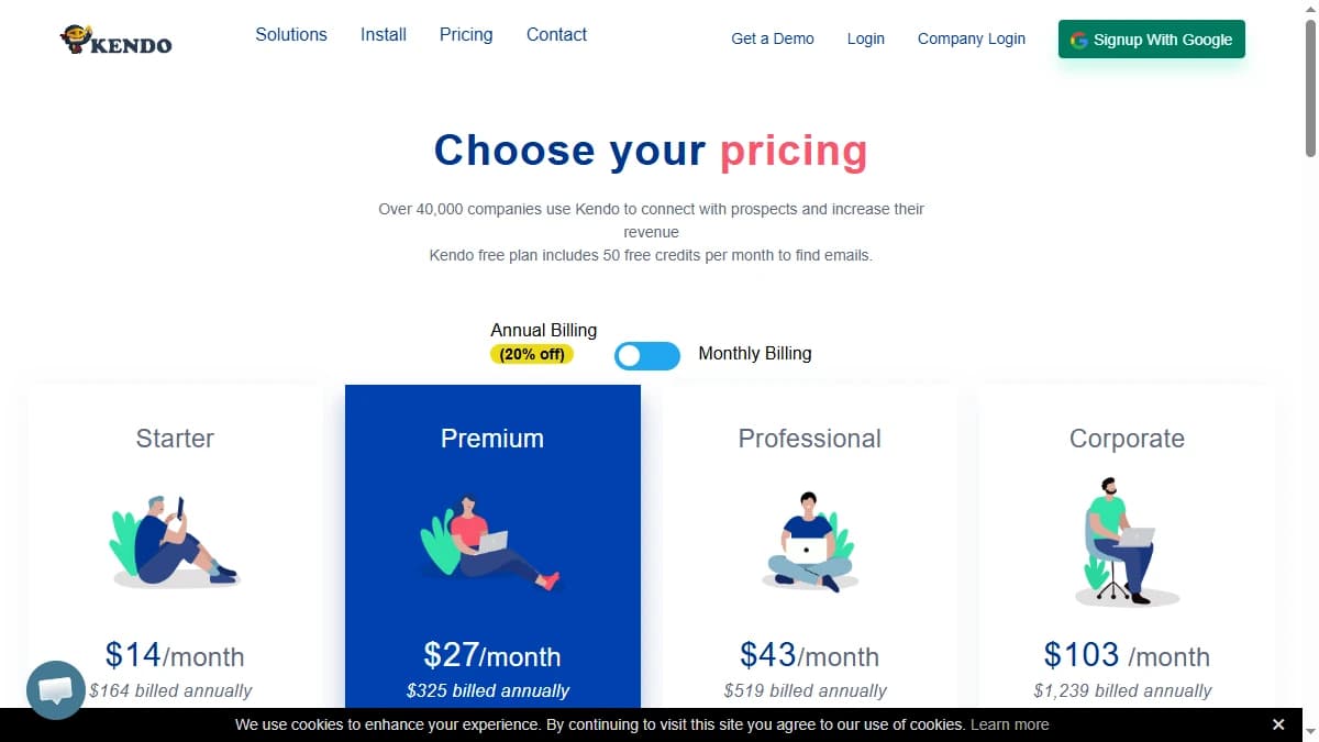 Kendo Email Finder pricing page — credit-based plans from $14 per month reviewed in 2026