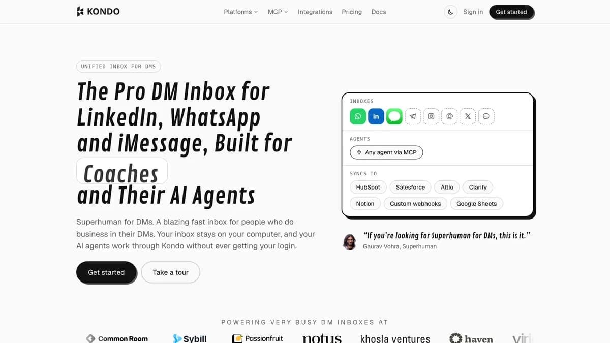 Kondo homepage with The Pro DM Inbox for LinkedIn, WhatsApp and iMessage headline and CRM sync destinations, captured for this Kondo review 2026