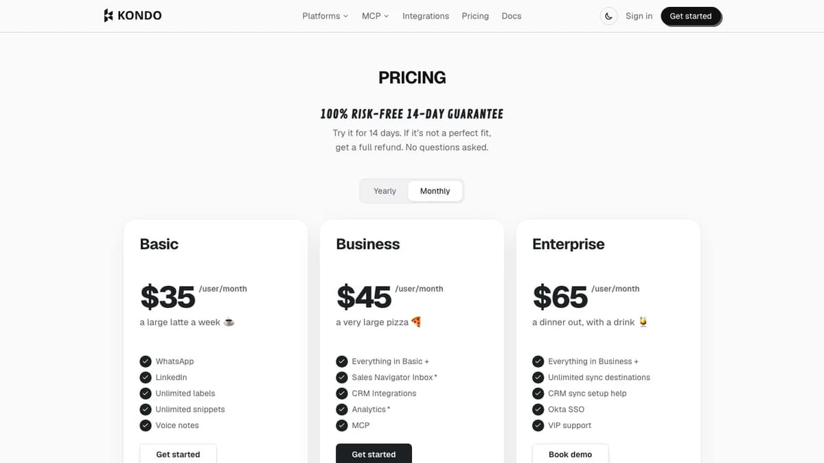 Kondo pricing page on monthly billing showing Basic $35, Business $45, and Enterprise $65 per user, captured for this Kondo review 2026